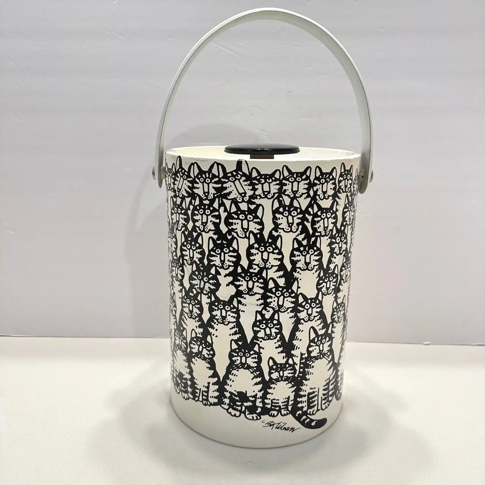 Vintage B Kliban Cat Crowd Ice Bucket White Black Retro Barware Insulated Lid